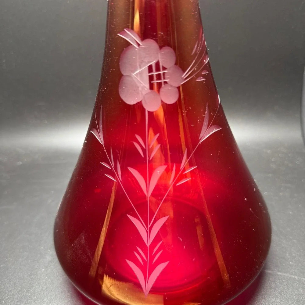 Vintage Ruby Red Glass Vase Etched Floral Teardrop Bud Vase 12x6 Mid Century